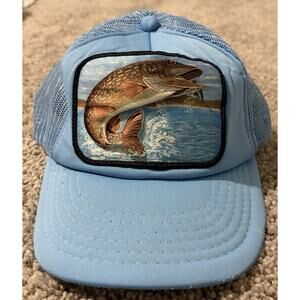 Vintage Cap-Mate Light Blue Trucker Hat Fish Patch Mesh Back Adjustable Men Fish